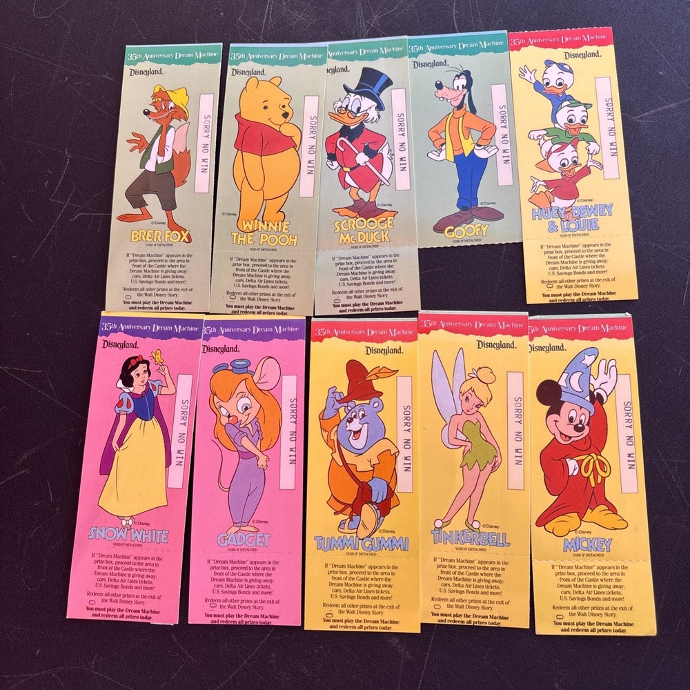 Set of 10 Disneyland 1990 Dream Machine Tickets, Gadget Tummi Tinker Pooh & More
